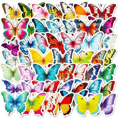 50pcs Colorful Butterfly Cartoon Decals Graffiti Vinyl Stickers For Suitcase Water Bottle DIY Phone Laptop Computer Skateboard