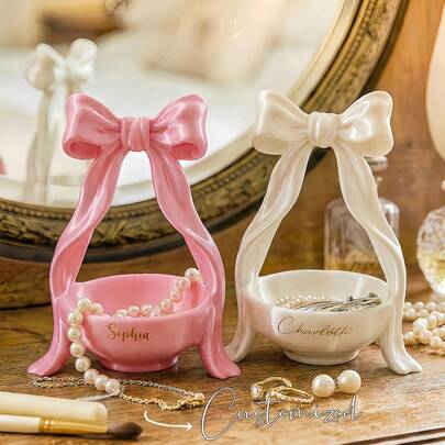 Personalised Bow Jewelry Box, Handmade Custom Name 3D Printed Ring Dish For Home Decor, Bridesmaid Gifts, Mothers Day Gifts