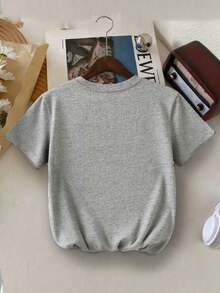 Cherry Print Round Neck Short Sleeve T-Shirt, Casual Children T-Shirt For Spring & Summer - Grey - View 2