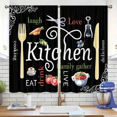 2 piezas Cortinas de dormitorio con patrón de letras negras y semioscurecimiento, diseño de varilla penetrante sin perforación, cortinas de cocina de estilo simple para sala de estar, decoración del hogar, decoración de habitación, partición de decoración de la casa, material de poliéster, lavable a máquina y a mano