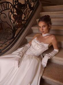 Regal Strapless Sweetheart Lace Bodice Pearl Choker Satin Ballgown Wedding Dress With Dramatic Train, Wedding Dresses For Bride, Elegant And Comfortable, Includes Plus Sizes, Bridal Gown, Formal Dresses For Women, Suitable For Wedding, Party, Vacation, Bride, Formal Occasions, Dinner Dress, Prom Dress, After-Party Dress, Homecoming Dress, Cocktail Party, Birthday Party, Celebration, Gala, Festival, Ceremony - 白色 - 查看 4