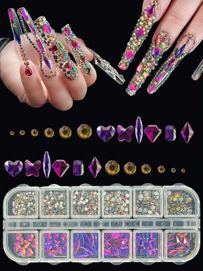  KIRAME Juego de 12 rejillas de diamantes planos de cristal de colores K9 para decoración de uñas - 10 piezas de diamantes de alto brillo por color con 1 bolígrafo de punteado, para salón de uñas, suministros de uñas, uñas navideñas, Año Nuevo, regalos de Navidad y fiestas