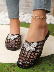 2026夏季女士水钻蝴蝶果冻穆勒鞋 | Y2K镂空平底拖鞋，适合沙滩和休闲穿着 - 黑色 - 查看 4