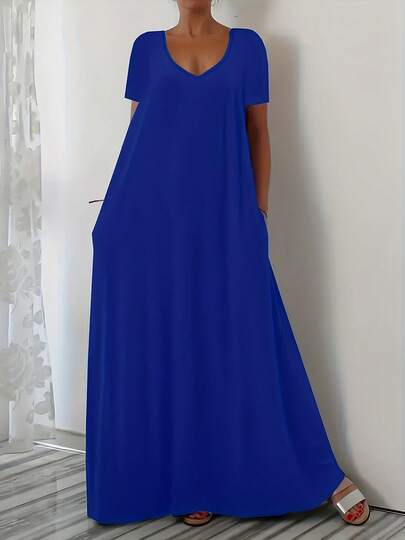 加大码欧美风夏季新款休闲宽松日常短袖纯色V领修身连衣裙