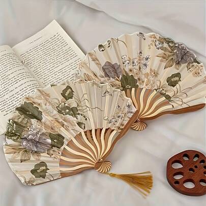 1pc Folding Fan Hand Held Fans Wooden Folding Fan Handheld Folding Fan Chinese Style For Church Wedding Gift Vintage Home Decor Handheld,Vintage Floral Hand-Held Folding Fan With Tassel,Chinese Vintage Bamboo Fan,Elegant Folding Fan,Women Hand Held Folding Fan,Chinese Traditional Hand Fan, Wedding Gift,