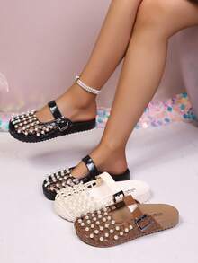 Women's Fashion Versatile Pearl Hollow Out Sandals - Black - View 1
