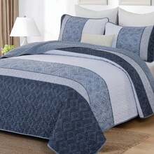 3 Pieces Quilt Set Queen King Size ,Striped Plaid Bedspread Coverlet Set, Mineral Blue Boho Summer Bedding Set Soft Microfiber Bedding Set With 2 Pillow Shams, Suitable For Wedding Items, Valentines Day Home Bed Room Decor, Mothers Day Gift, All Season - 礦物藍 - 查看 4
