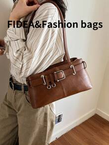 Túi xách nữ thời trang mới, màu trơn tối giản, chất liệu PU, kiểu dáng cổ điển thanh lịch, phù hợp cho hẹn hò, mua sắm, đa năng, kèm móc khóa. - màu nâu - Xem 8