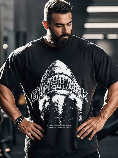 Plus Size Men's Round Neck Short Sleeve T-Shirt, Loose Fit Black Tee, Letter Print Casual T-Shirt, Suitable For Daily Wear, Sports, Vacation, Summer, Gym And Workout, Perfect Gift For Your Husband