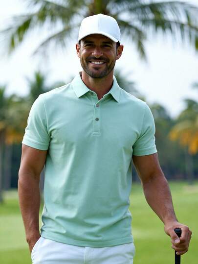 Men's Solid Color Golf Polo Shirt, Half Button Collar Color Block Business Casual Work Shirt For Boyfriend Gift, For Golf, For Daily Wear, For Summer, For Tennis