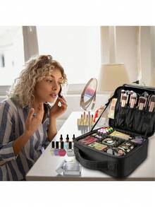 Large Capacity Professional Cosmetic Storage Box, Can Be Placed On Roller Suitcase, Multi-Functional Shoulder/Backpack Cosmetic Organizer Suitable For Makeup & Manicure Tools, Suitable For Holiday, Beach, Bathroom, Bedroom Storage, Large Capacity, Makeup Bag, Travel Essential - Black - View 7