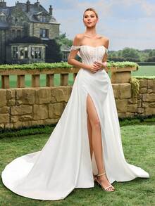 Elegant Embroidered Mesh Patchwork Wedding Dress - White - View 8