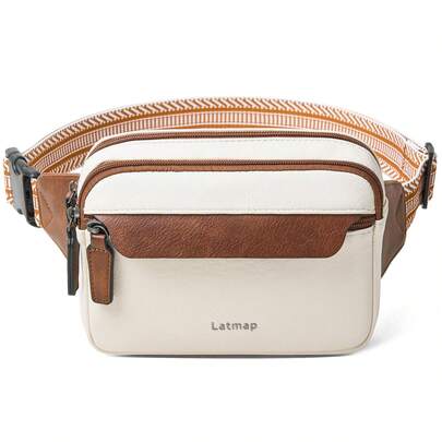LATMAP 3L Fanny Packs For Women Cross Body Bag Vegan Leather Chest Belt Bag Fashion Waist Pack Small Bum Bag Crossbody For Travel Running Workout, Beige With Brown