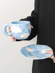 Bộ 1 tách và đĩa cà phê bất đối xứng thủ công, vẽ tay hình bầu trời xanh và mây trắng, thích hợp làm tách sữa uống sáng, tách nước uống hàng ngày, bộ trà chiều, quà sinh nhật, quà lưu niệm, quà tặng bạn học, bạn gái, bạn bè. - Nhiều màu - Xem 4