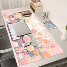 YUFZX Large Extended Pink Rabbit & Floral Pattern Mouse Pad, Non-Slip Rubber Base With Stitched Edges, Cute Aesthetic Art Style Desk Mat, Durable Computer Accessory For Home Office And Gaming, Ideal Gift For Gamers And Cute-Loving Teenage Girls - View 3