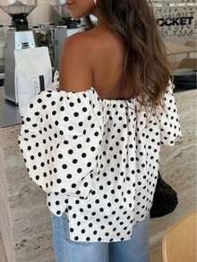 Blusa de hombros descubiertos con pliegues y contraste de lunares, adecuada para la playa y el uso diario, primavera/verano blanco - Blanco - Ver 3