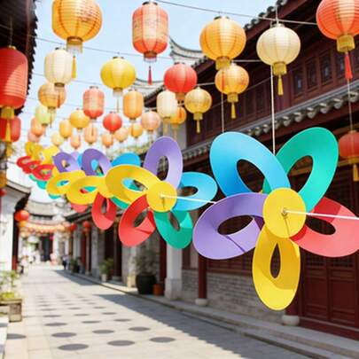 一套庭院花园装饰风车，彩色镂空风铃，8米绳子，8个塑料风车，适合户外生日派对、返校季、毕业典礼、户外派对装饰