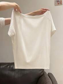 女士露肩白色短袖T恤，高弹力常规涤纶休闲/办公上衣 - 白色 - 查看 13