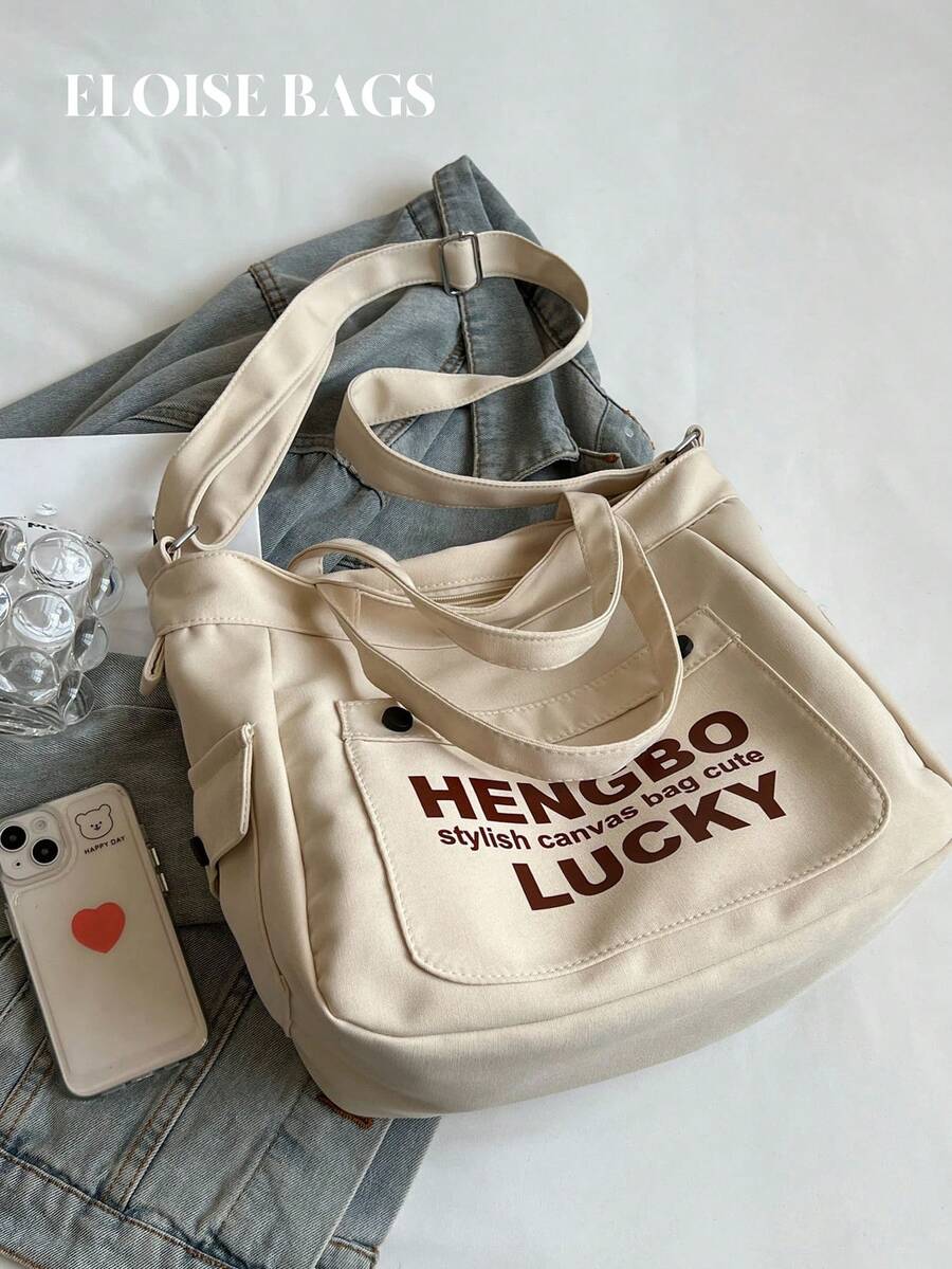 Túi Tote Đeo Vai Đi Làm Sức Chứa Lớn 2024 Cho Học Sinh, Túi Đeo Chéo Bằng Vải Canvas Đa Năng - Màu be - Xem 1