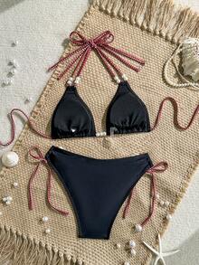 Sexy Halter Pearl Decor Bikini, Red String Side Tie High Cut Two Pieces Swimsuit For Pool Holiday - Black - View 5