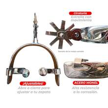 Espuelas Charras de Acero Monel con Correas de Cuero Bordadas en Colores Chedron,Negro Cafe - Negro - Ver 3