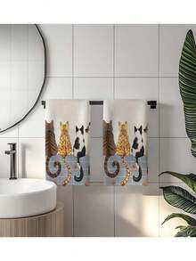 2pcs Whisker Wonders Cat Cartoon Towels - Super Soft Polyester, Machine Washable, Modern Fantasy Cat Theme, Woven Rectangular Kitchen/Bathroom/Dishcloth, Ideal Gift For Cat Lovers - Multicolor - View 10