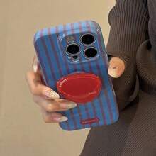 GUCADI 1pc Film Blue & Red Striped [Soft] + Red Triple Circle Stand Red & Blue Striped 16 17 Phone 15 Pro Retro Film Style Stand 14 Full Coverage 13 - Xanh và Đỏ - Xem 5