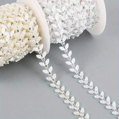 1pc 1.3cm/0.51in Width Elegant Double Line Plastic Leaf-Shaped Beaded Chain Trim With Rhinestones Garland For Sewing Bridal Dress Decor Weddings Party Home Decor, DIY Creative Decorations, Jewelry Making Kits, Gift Wrap Decoration
