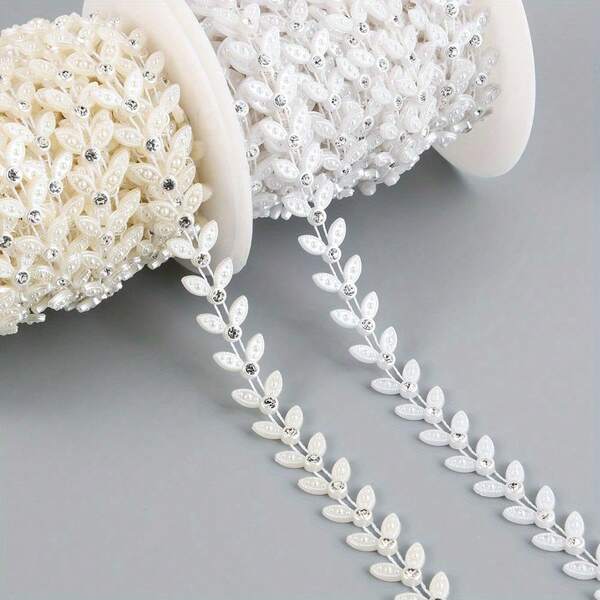 1pc 1.3cm/0.51in Width Elegant Double Line Plastic Leaf-Shaped Beaded Chain Trim With Rhinestones Garland For Sewing Bridal Dress Decor Weddings Party Home Decor, DIY Creative Decorations, Jewelry Making Kits, Gift Wrap Decoration