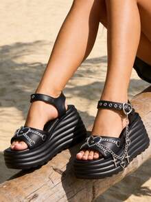 Y2K Style New Spring/Summer Slope Heel Thick Bottom Women's Fashion Sandals Slippers Comfortable Casual Shoes Women's Gothic Style Cross Chain Detail Platform Sandals - 黑色 - 查看 5