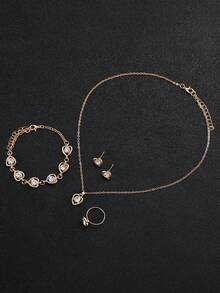 6件套女士礼品套装：方形罗马数字表盘石英表+心形水钻首饰套装（套装不含手表） - 金色 - 查看 6