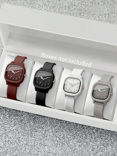 4pcs/Set Women's Silicone Watches, Fashion Casual Square Dial Quartz Wristwatches, Classic (Watch Box Not Included)