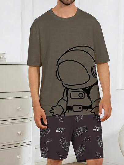 男士休闲宇航员印花短袖短裤睡衣套装，夏季舒适家居服