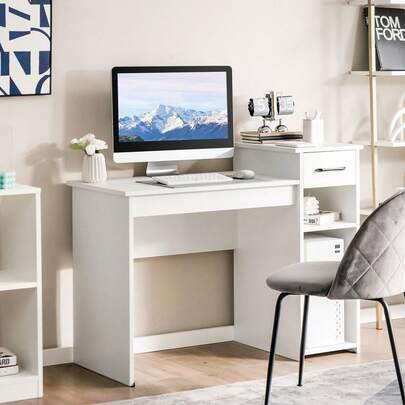  COSTWAY Computer Desk With Drawer & CPU Stand, Compact Wooden Writing Table With 2-Tier Storage Shelf, Modern Study Desk Workstation Vanity Table For Home Office, White