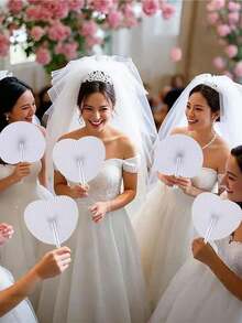 10pcs Round Folding Paper Fans, Wedding Ceremony Paper Fans, Heart & Round Shaped Paper Fans, DIY White Folding Fans, Bride & Bridesmaid Fans, Photography Props, Dance Fans, Various Festival Theme Party Folding Fans, Gifts - Multicolor - View 2
