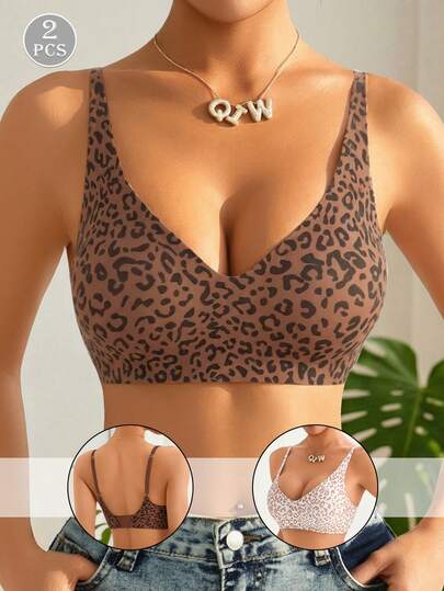 2pcs Leopard Print Seamless Comfortable Leisure Camisole Bras For Women