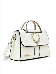 1件装心形皇冠设计女士PU皮革软皮手提包/单肩包/斜挎包，白色优雅托特包，适合婚礼、音乐节等场合 - 白色 - 查看 9