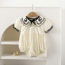 女婴刺绣领短袖连体衣，宽松休闲款，适合夏季外出、聚会、度假穿着 - 米色 - 查看 10