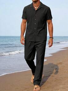 Men's Casual Two-Piece Suit: Short-Sleeve Cardigan, Button-Up Shirt, And Trousers - Thin, Solid Color, New Style - 黑色 - 查看 2