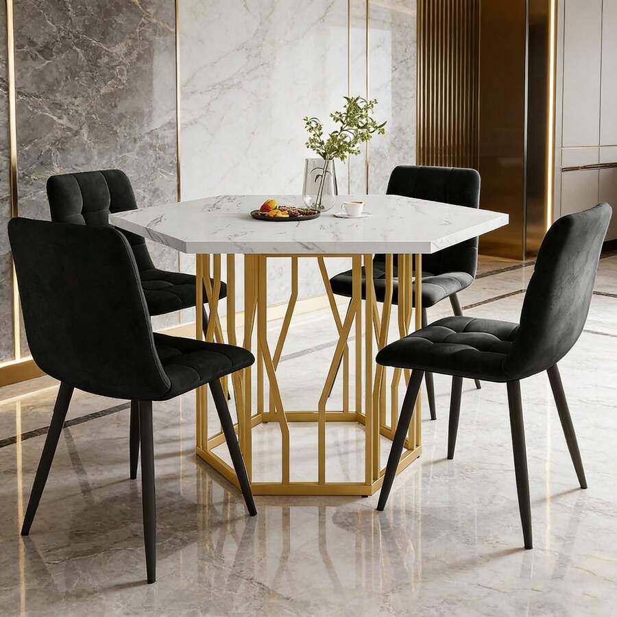Dining Table & Chair Sets - Black + Golden + MDF+Steel - View 1