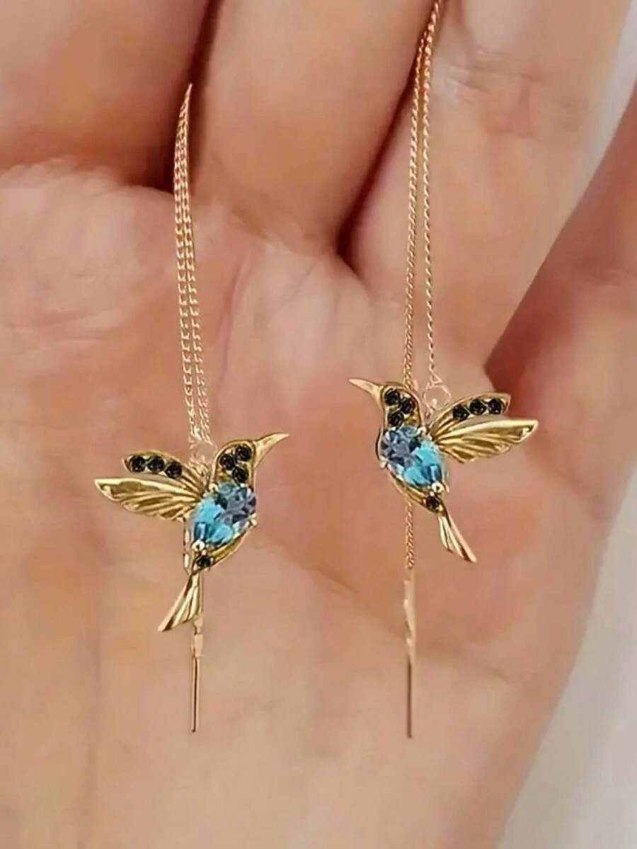 1 Pair Elegant Hummingbird Shaped Sparkling Synthetic Gemstone Earrings Set, Charming & Lovely Style, Exquisite Gift For Women - Hummingbird Earrings - View 1