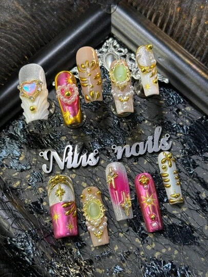 10pcs Handmade Fully Covered Square Nails Acrylic Kit, Silver Cat Eyes/Rose Red Nails, Rose Red Tie Dye, White French Style, 3D Heart Diamond Pearl&Diamond Nail Accessories Decoration, Paired With Star Shaped Stickers, Handmade Powder Geometric Patterns,Acrylic Nail Supplies Are Suitable For Women And Girl To Festivals,Daily, Gatherings,Parties&Ritual Use (With: A Piece Of JellyGlue And A Friction Strip) Nail Supplies