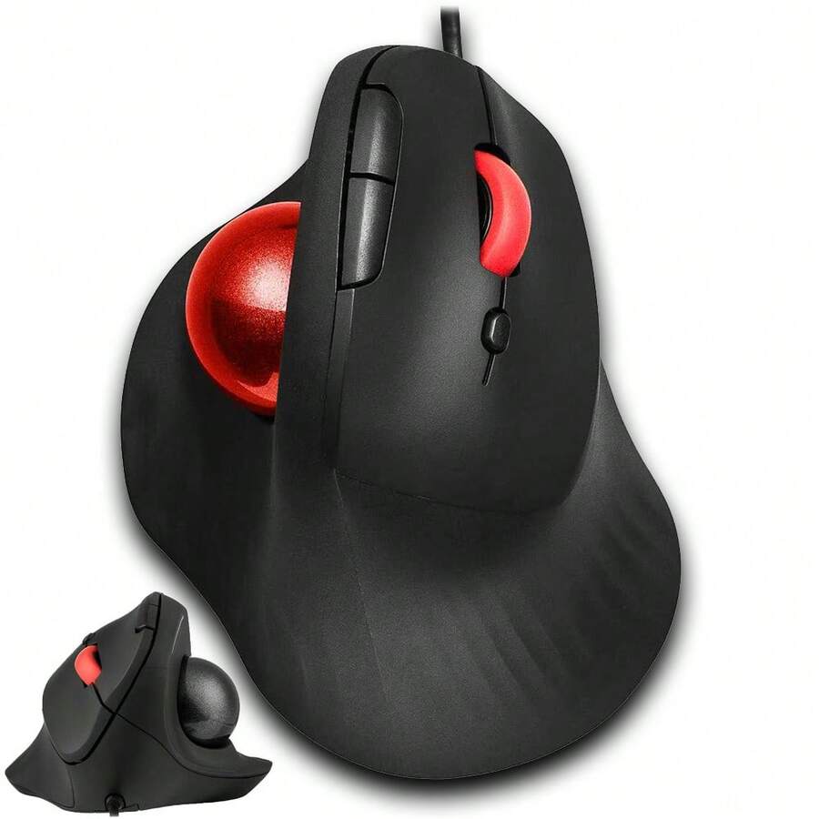 JOMAA 符合人体工学的 USB-A 有线轨迹球鼠标，6 个静音按键，1600DPI 可调有线光学鼠标，适用于 PC/笔记本电脑/台式机 - 黑色/红色轨迹球 - 查看 1