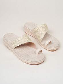 女士时尚草编厚底人字拖 - 杏色 - 查看 7