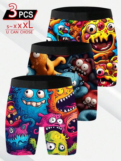 3 طقم من شورتات الرجال الجديدة، سراويل داخلية مطبوعة بطبعات وحوش كرتونية لحفلات، سراويل داخلية مطبوعة بطراز الغرافيتي الأنيق والإبداعي، من قماش مُحبك، سريعة الجفاف ومُمتصة للعرق، ناعمة ولطيفة على البشرة، شورتات رياضية وكاجوال طويلة الساق للرجال.