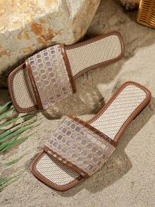女士春夏新款棕色钩编网眼镂空透气奢华时尚百搭派对凉鞋，休闲户外海滩度假复古波西米亚风，网红推荐，简约欧美平底凉鞋 - 棕色 - 查看 7