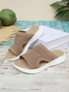 2026 New Women's Knitted Slip-On Sandals | Breathable Mesh Platform Sandals | Summer Non-Slip Soft Bottom Casual Beach Shoes - Khaki - View 2