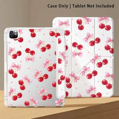 Acrylic Crystal Case With Pink Bow And Cherry Pattern, Suitable For Honor, Apple Tablets. Anti-Bending, Reinforced Silicone Edges, Auto Wake/Sleep, Built-In Pen Slot, Multi-Angle Foldable Stand - Perfect Daily Protection, Great Gift Choice