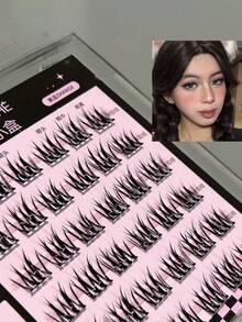 1盒6排精致花卉图案假睫毛，自然逼真，浓密卡通风格，混色日常佩戴，轻盈分段式无胶睫毛，放大双眼 - 黑色 - 查看 2