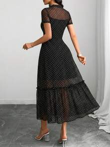 Women's Gothic Elegant Black Base Colorful Floral Print Mesh Round Neck Short Sleeve Waist Ruffle Hem Maxi Dress Summer - Multicolor - View 6